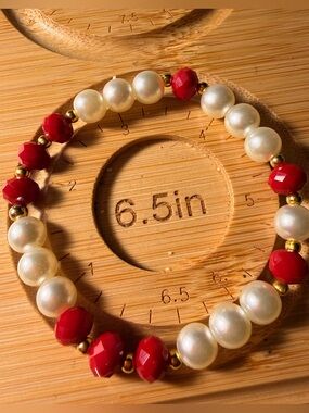 Pearl and Red Bead Stretch Bracelet with Gold Accents - Women Jewelry